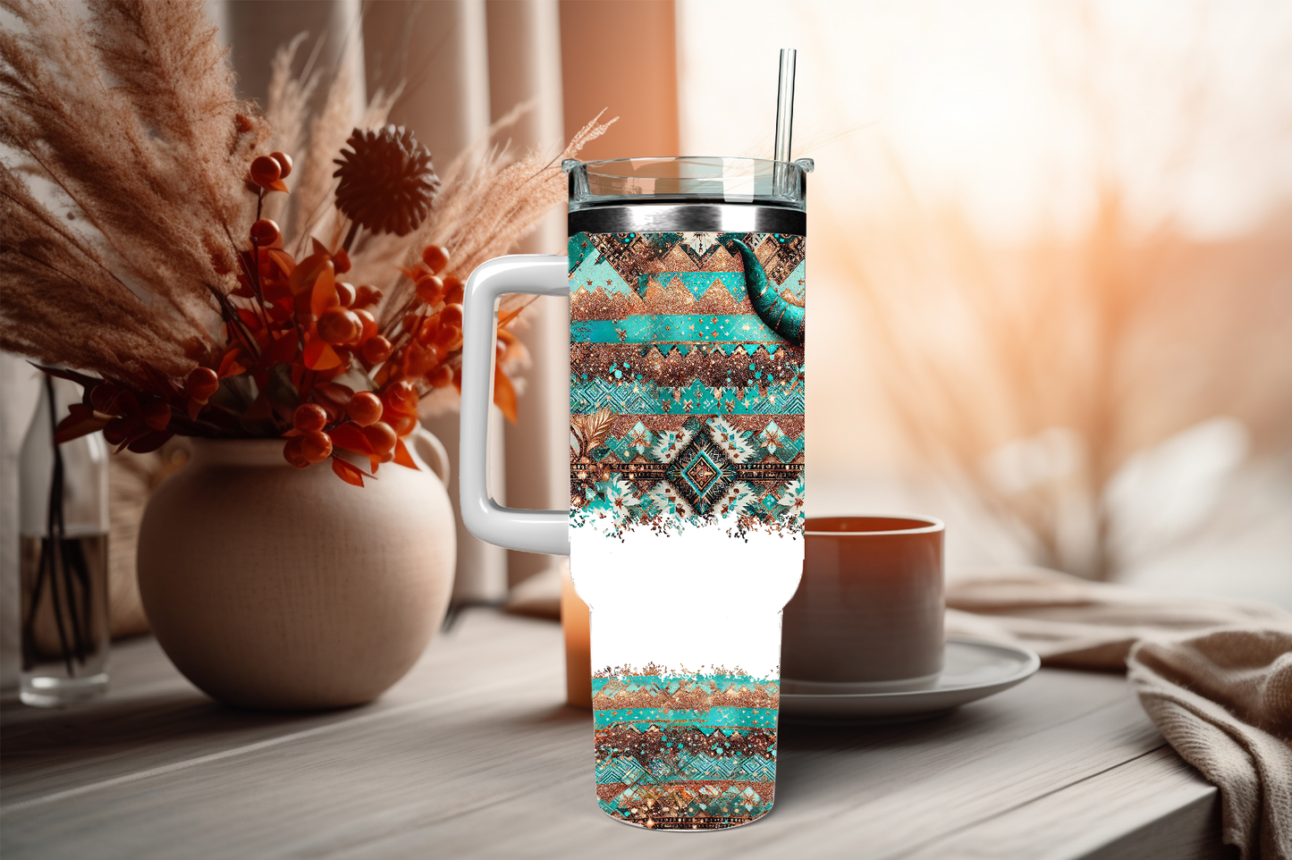 Bull-skull with blue, 40oz travel tumbler, physical item, gift idea