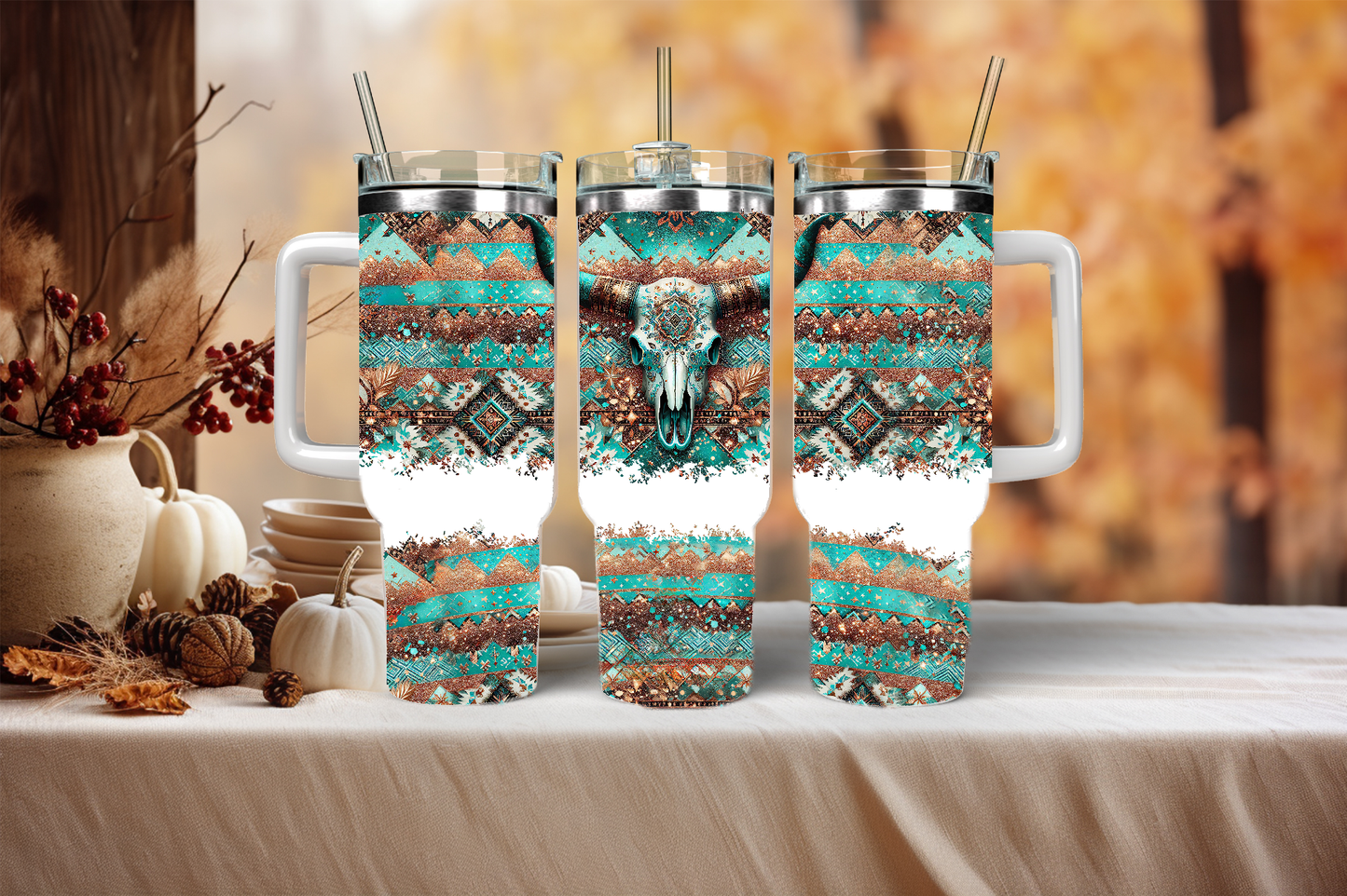 Bull-skull with blue, 40oz travel tumbler, physical item, gift idea