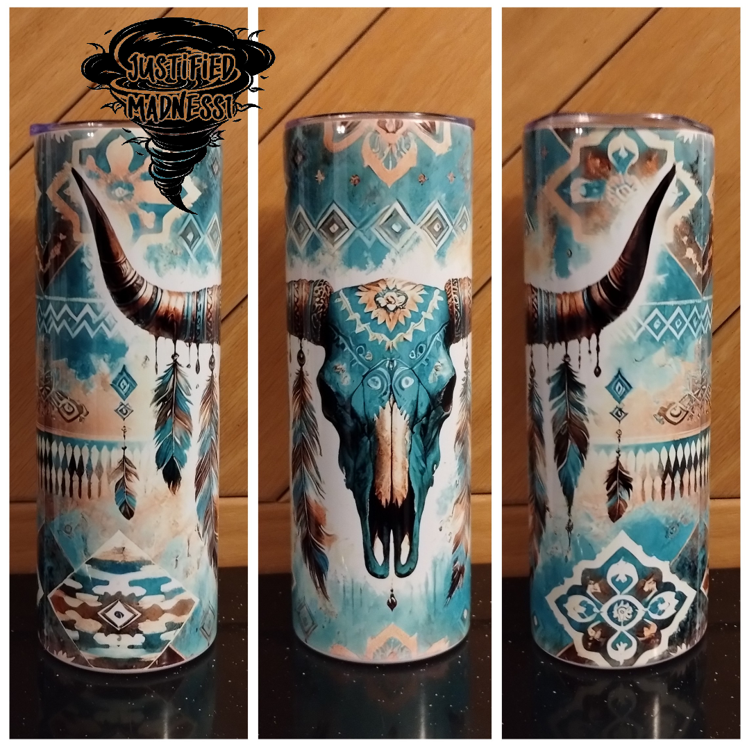 Blue bull-skull 20oz tumbler physical item - JustifiedMadness1