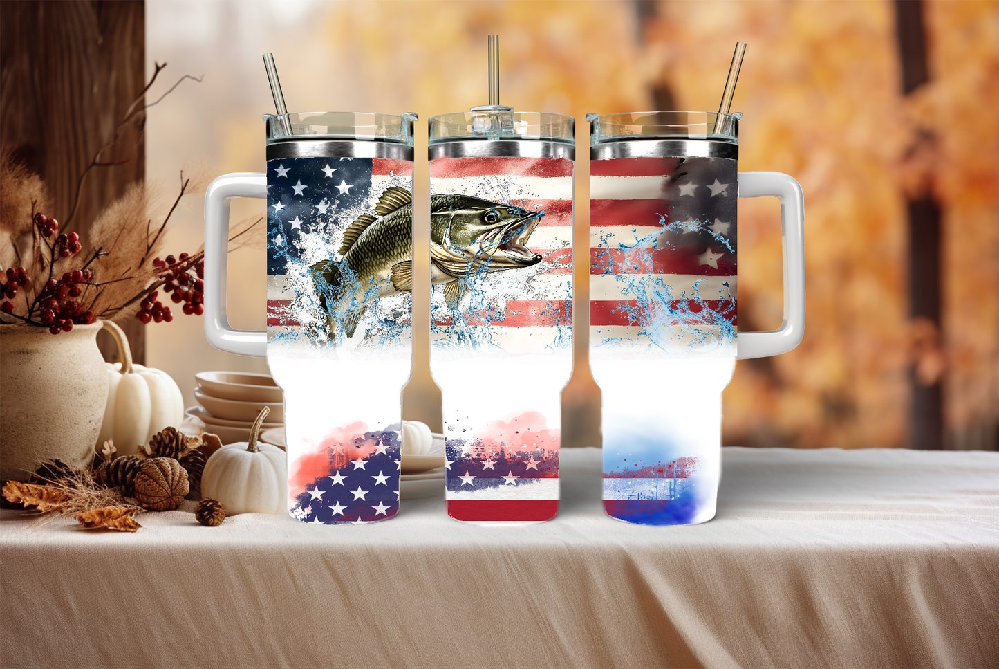Fishing with USA flag, 40oz travel tumbler, physical item, gift idea