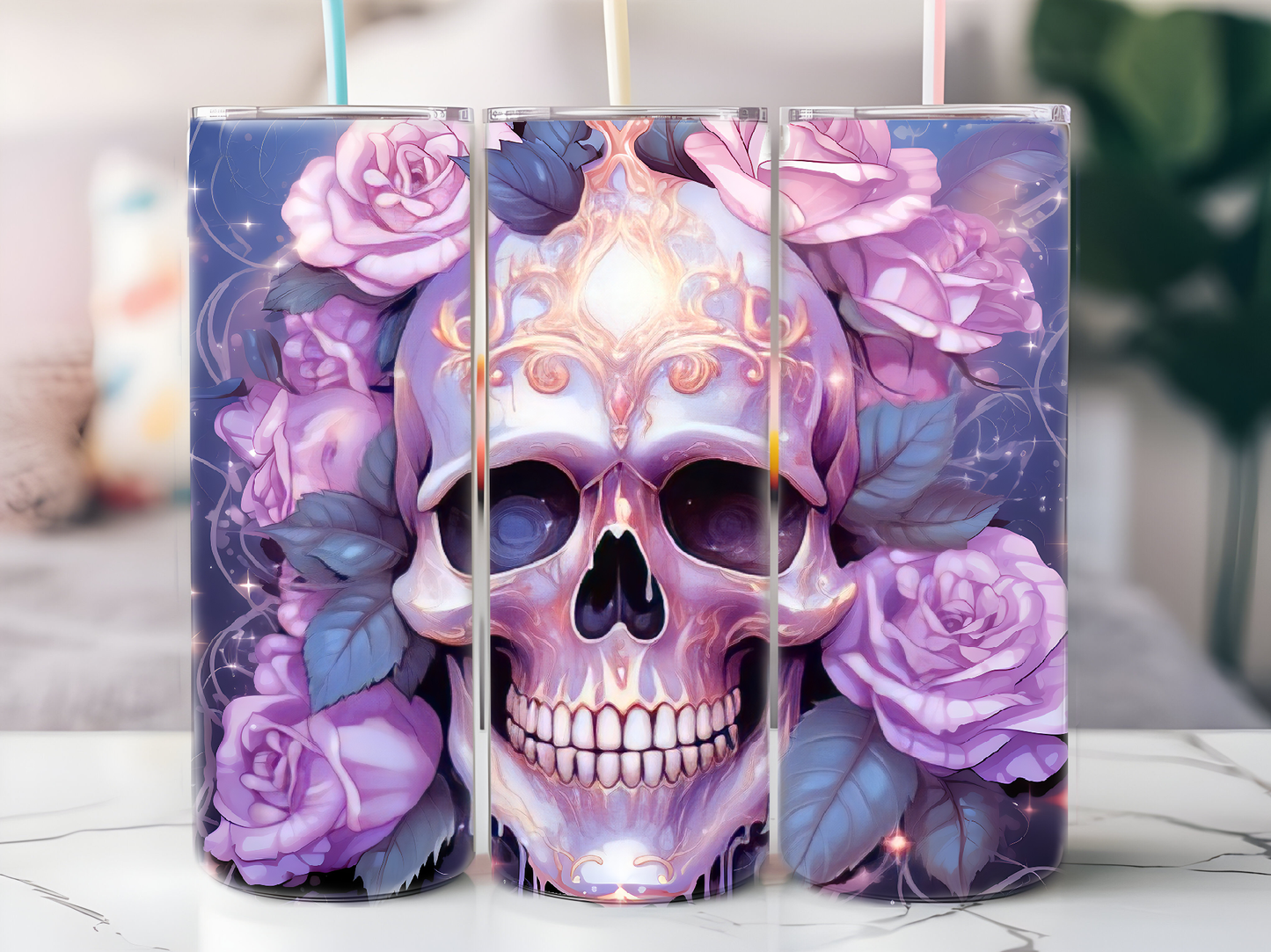 Purple flower skull 20oz tumbler physical item - JustifiedMadness1