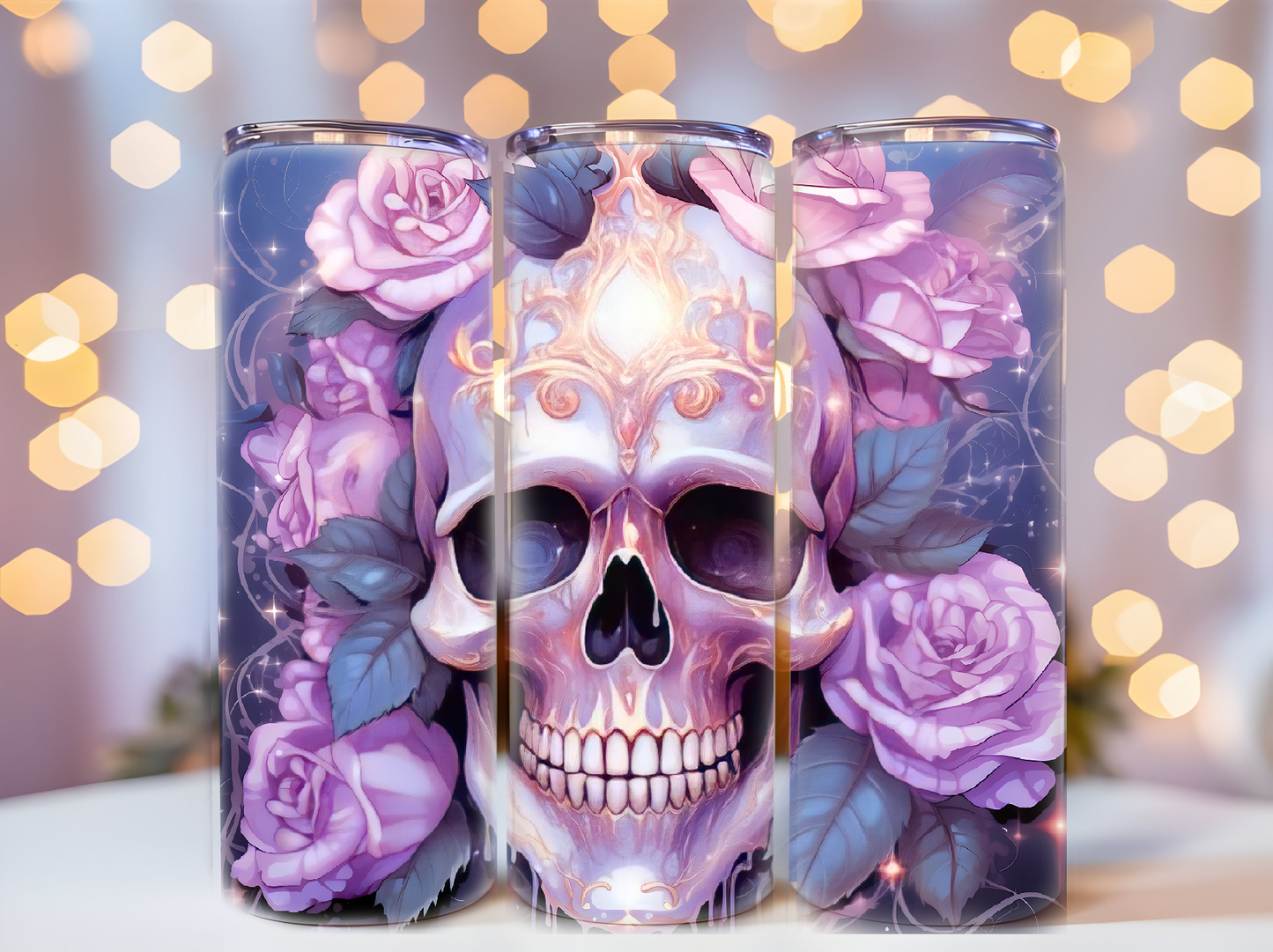 Purple flower skull 20oz tumbler physical item - JustifiedMadness1