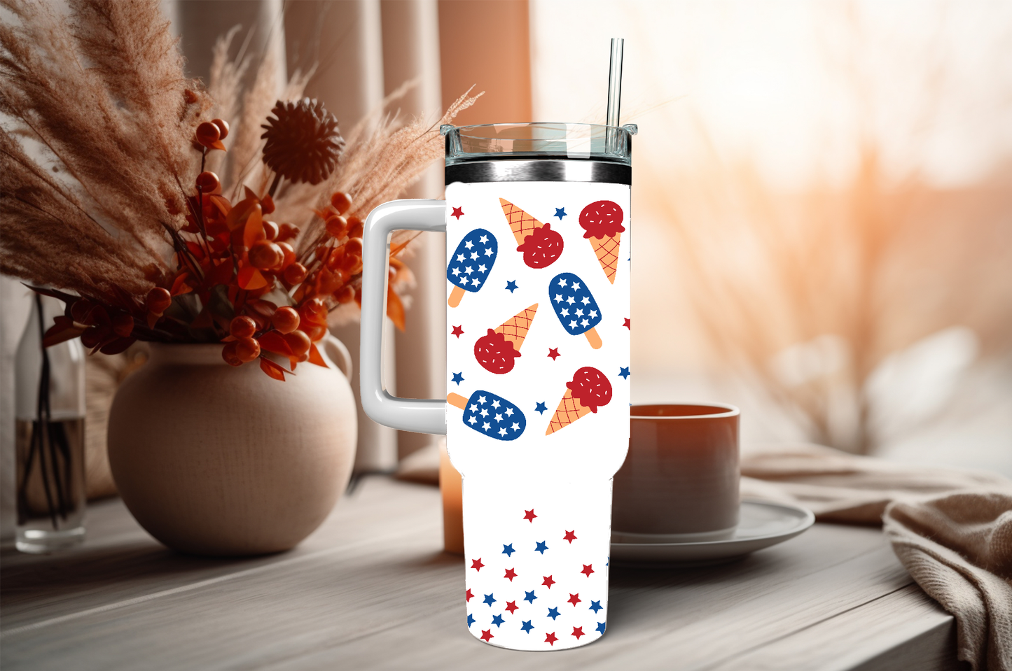 July 4th red white and blue, 40oz travel tumbler, physical item, gift idea