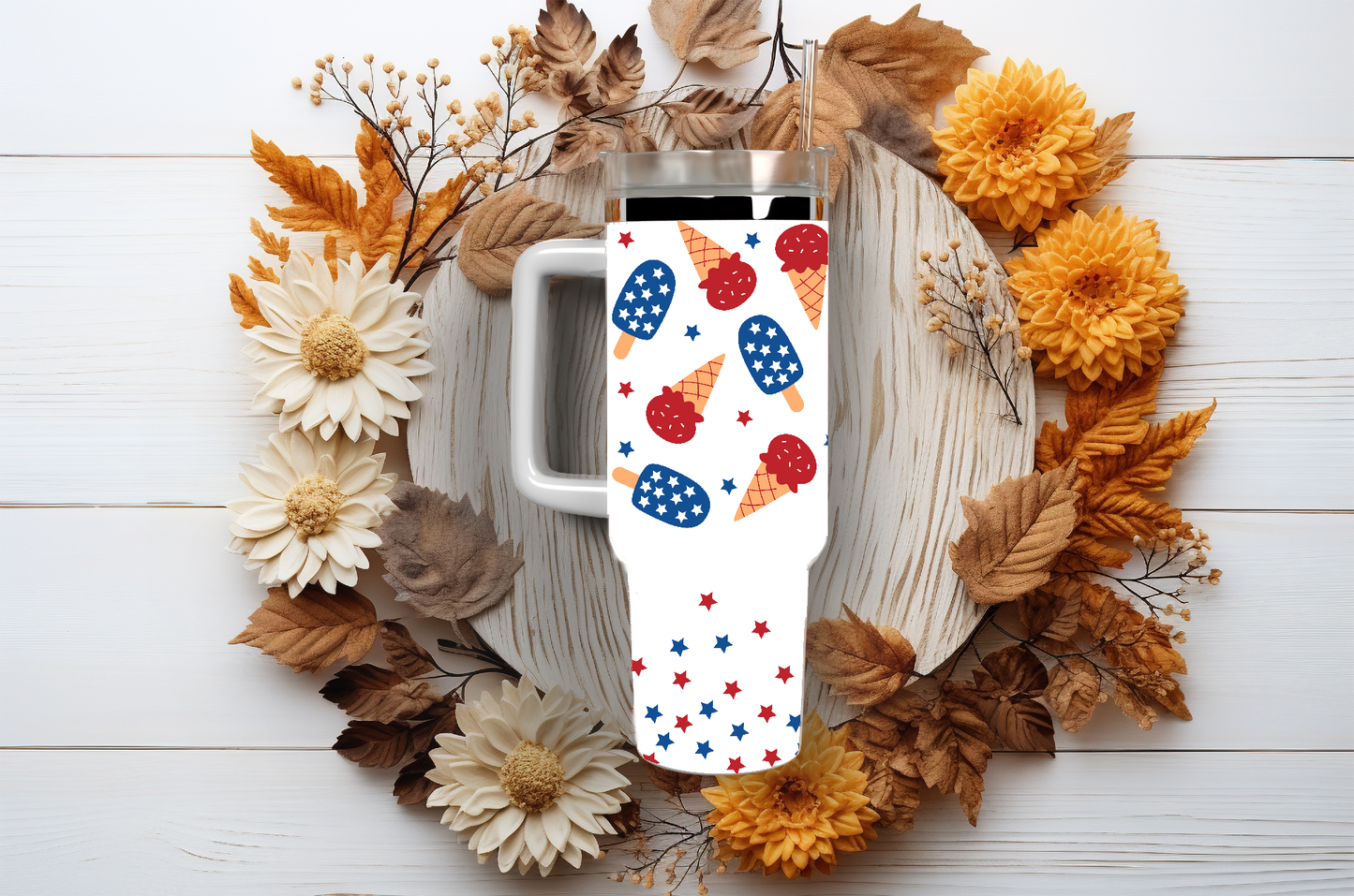 July 4th red white and blue, 40oz travel tumbler, physical item, gift idea