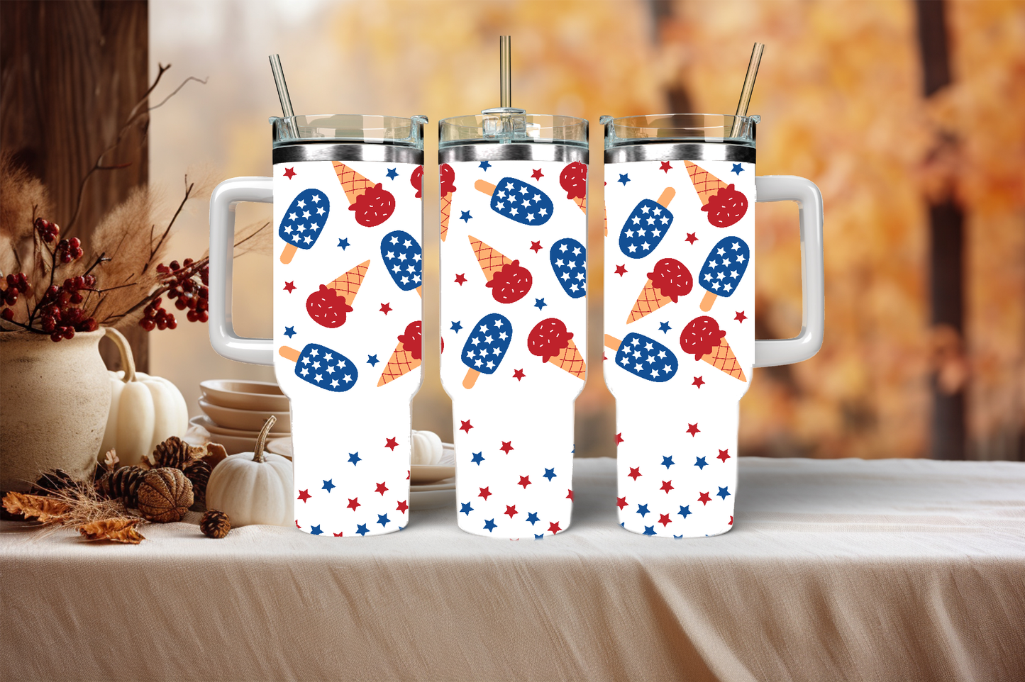 July 4th red white and blue, 40oz travel tumbler, physical item, gift idea