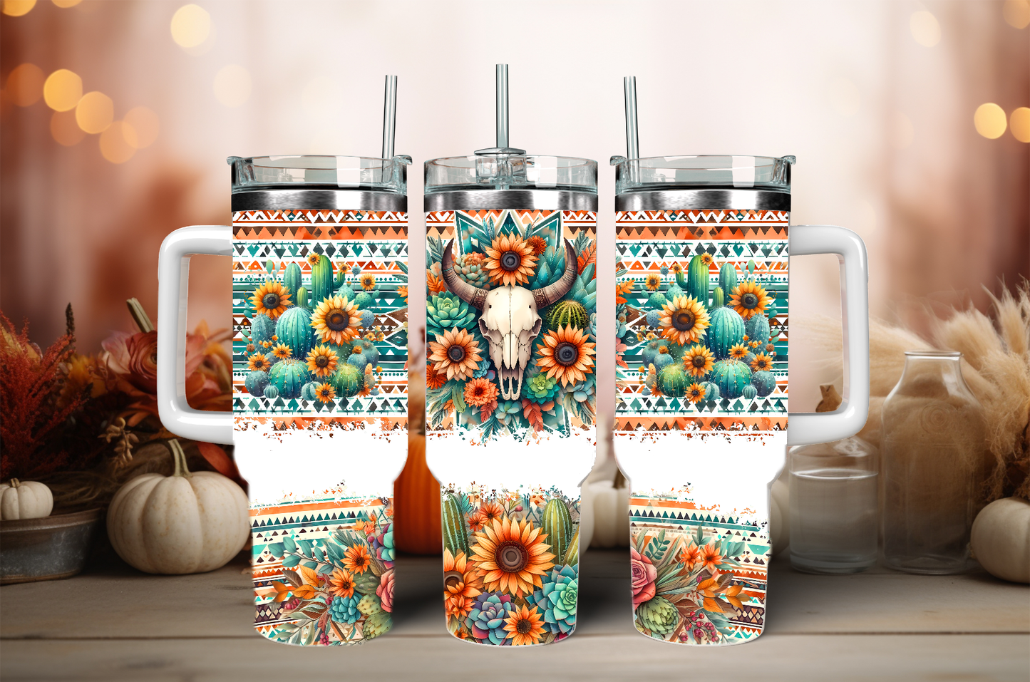 Bull-skull sunflowers, 40oz travel tumbler, physical item, gift idea