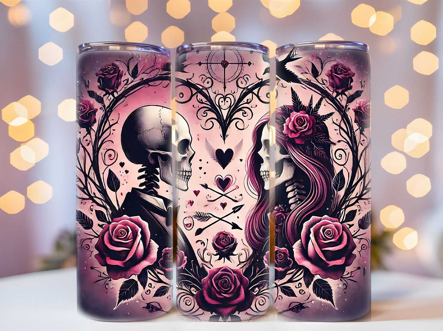 Seleton couple purple heart 20oz tumbler physical item - JustifiedMadness1