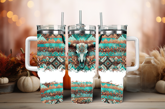 Bull-skull with blue, 40oz travel tumbler, physical item, gift idea