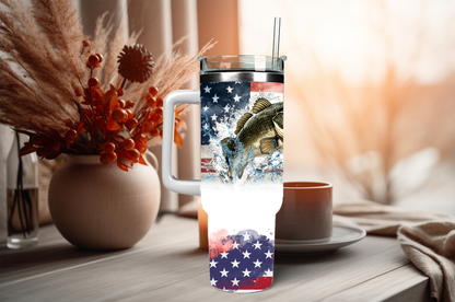 Fishing with USA flag, 40oz travel tumbler, physical item, gift idea