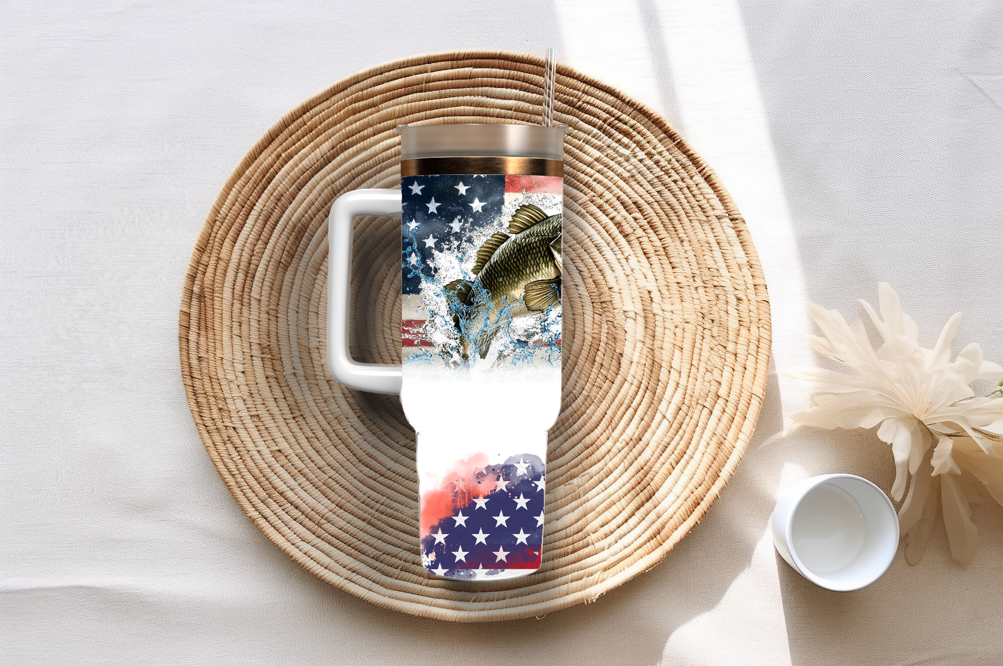 Fishing with USA flag, 40oz travel tumbler, physical item, gift idea