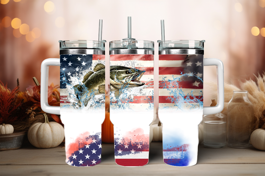 Fishing with USA flag, 40oz travel tumbler, physical item, gift idea