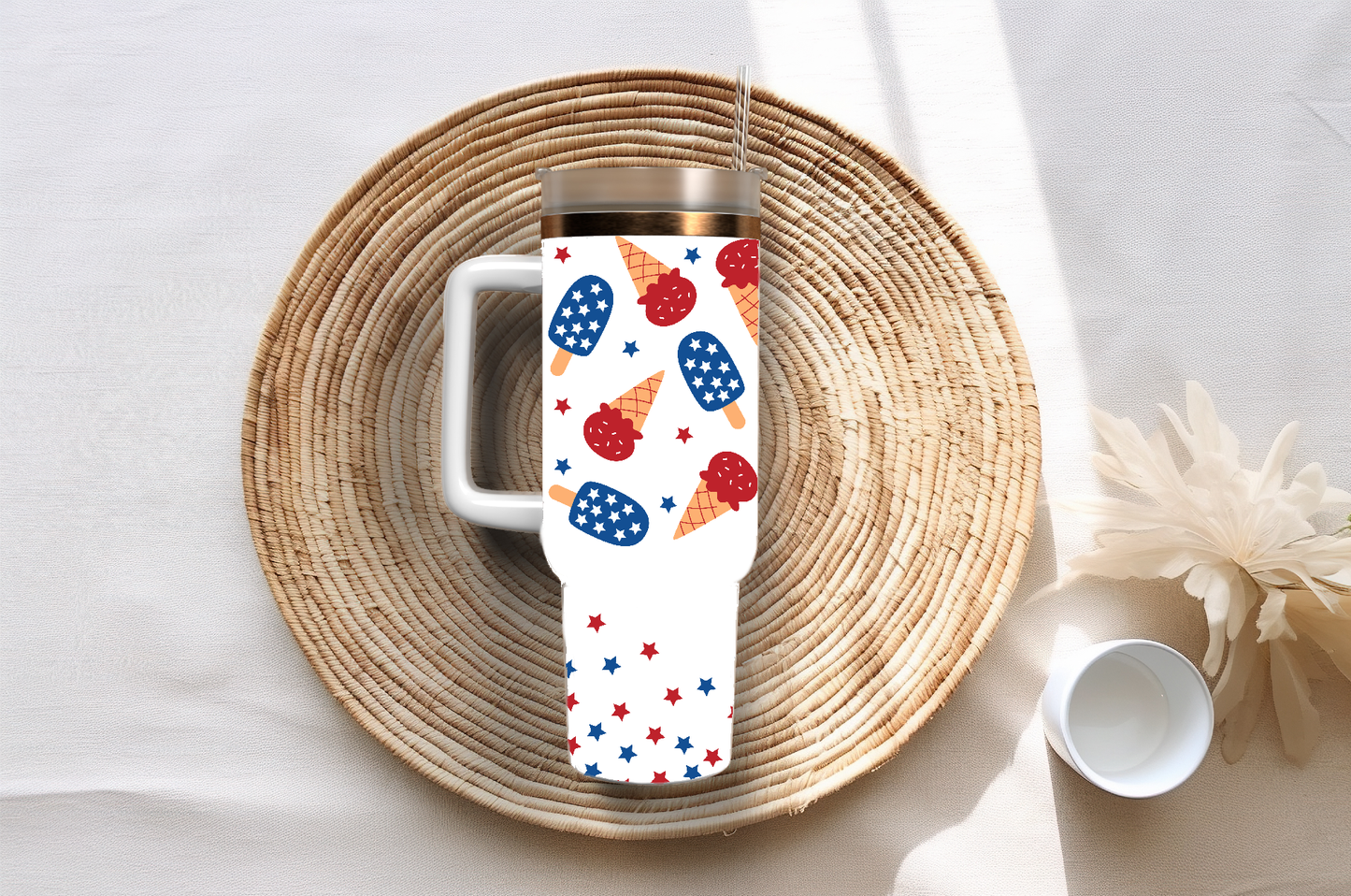 July 4th red white and blue, 40oz travel tumbler, physical item, gift idea