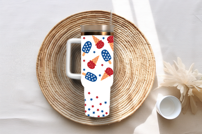 July 4th red white and blue, 40oz travel tumbler, physical item, gift idea