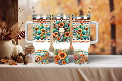 Bull-skull sunflowers, 40oz travel tumbler, physical item, gift idea