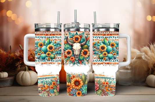 Bull-skull sunflowers, 40oz travel tumbler, physical item, gift idea